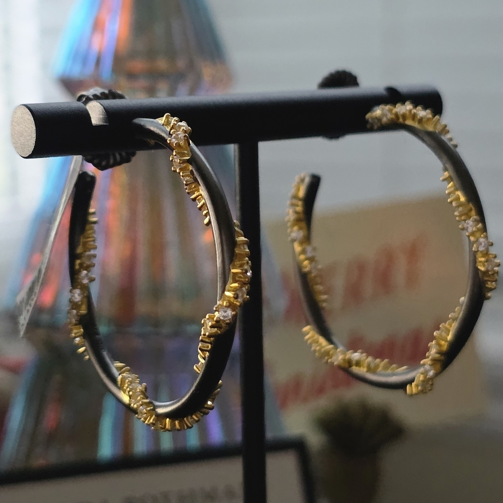 Freida Rothman Pavé Roped Hoop Earrings, NWT